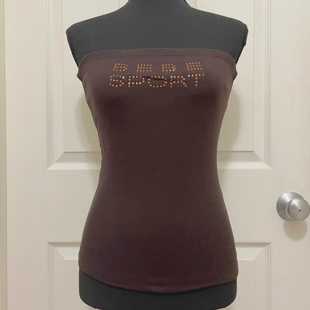 Vintage Bebe Sport Tube‎ Top Brown Ribbed Rhinestone NWT McBling Y2K USA Made L